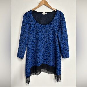 Bleeker & McDougal Women’s XL Blue Black Tunic‎ Top 3/4 Sleeve Black Sheer Hem